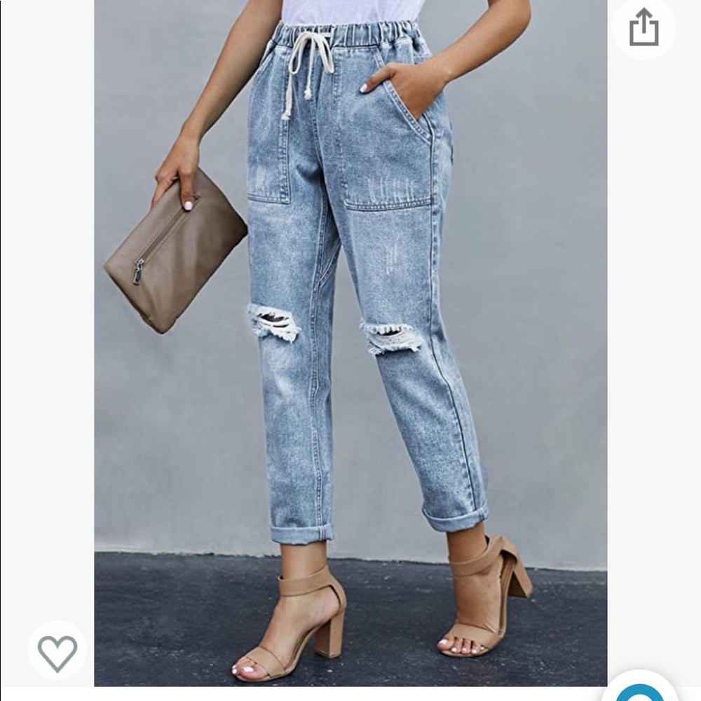 jeans - 
Sidefeel Women Distressed Pockets, ankle length- elastic waste